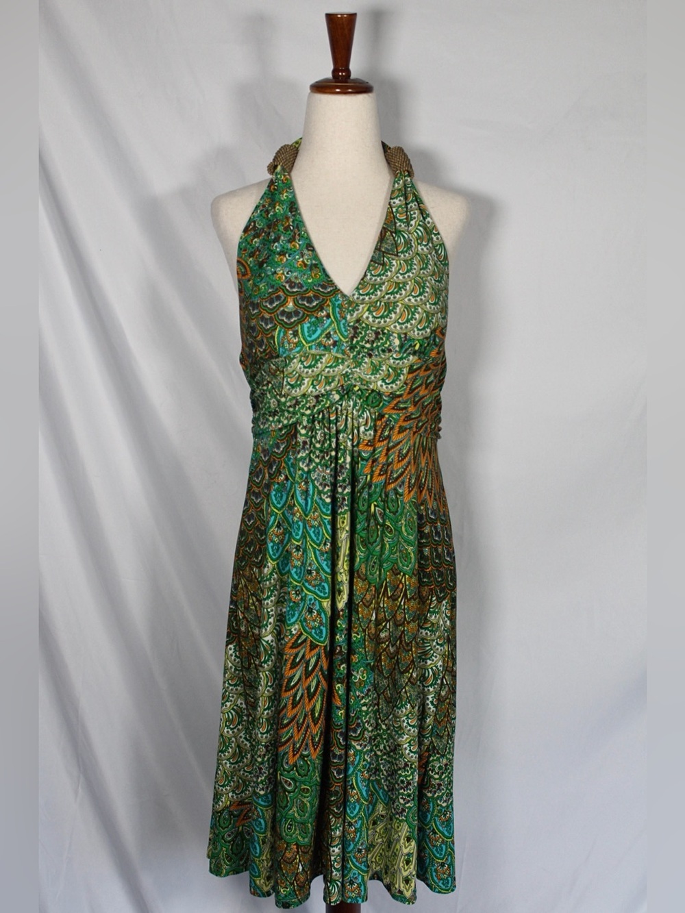 y2k 2000s Cristinalove Green Multi Paisley Halter V Neck Midi Dress